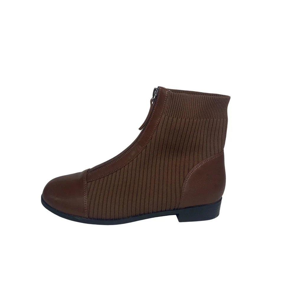 Journee Collection Bexlie Brown Ribbed Knit Front Zip Ankle Boots Womens 10M